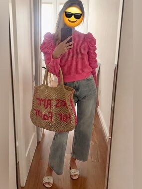 Ulla Johnson Pink Open-Knit Puff-Sleeve Crew Sweater